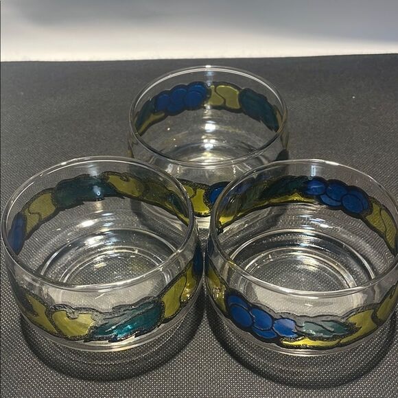 Set of Three Glass Candle Holders with Blue and Yellow Design - Picture 2 of 7